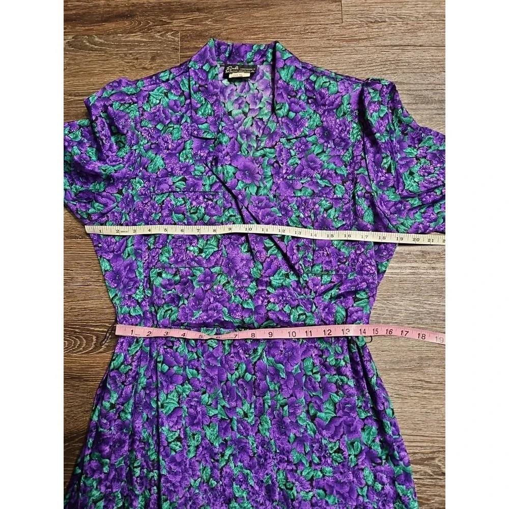 Vintage 80's Breli Original‎ Green & Purple Floral Belted Dress Size:12